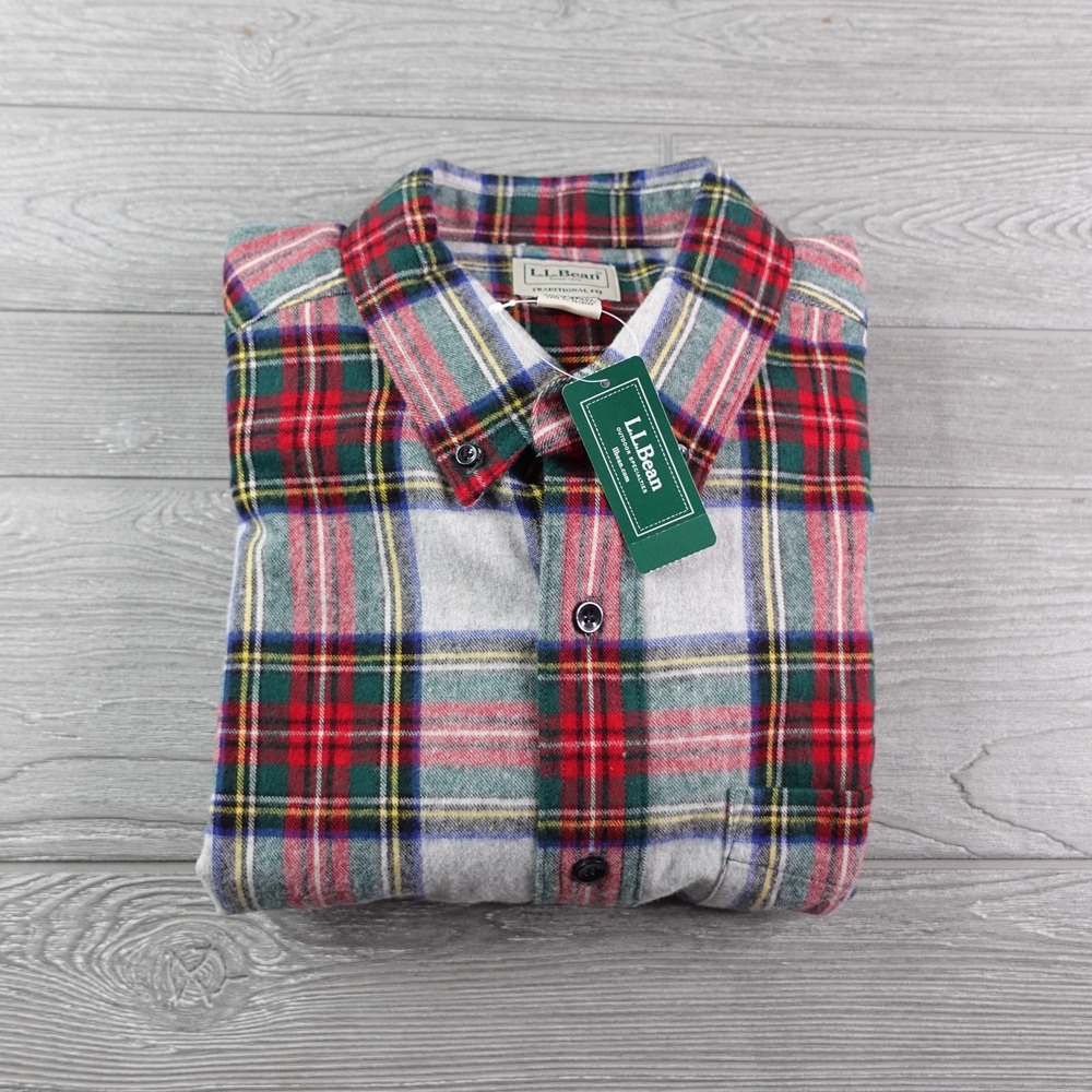 NEW LL Bean Shirt Mens Large Scotch Plaid Flannel Regular Gray Red Green NWT